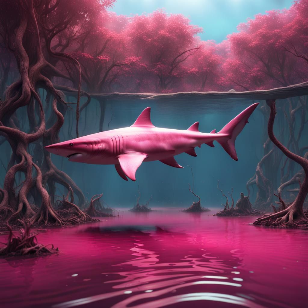 Pink Shark in Mangrove Lake: Detailed Matte Painting