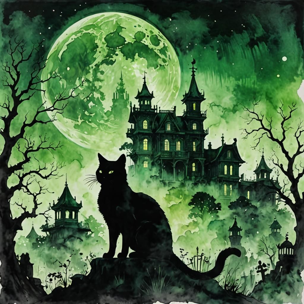 Ethereal Cat Silhouette over Haunted Mansion, Watercolor Art