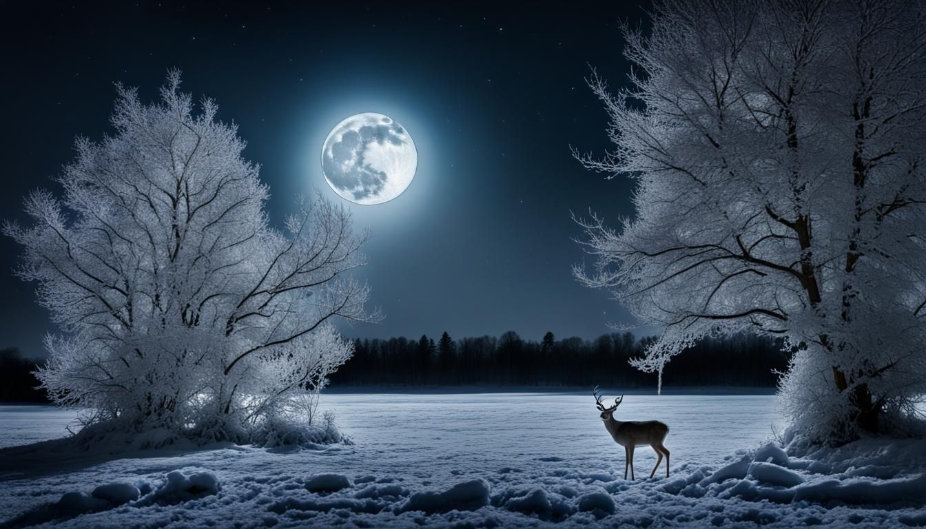 Icy Trees and Moonlit Deer: Hyperrealistic Night Scene