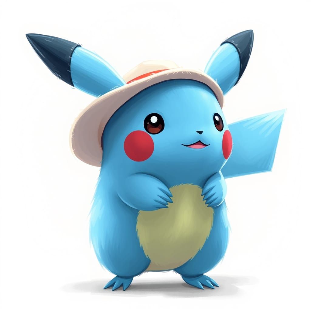 Electric Blue Pikachu Wears a Stylish Hat in Digital Art