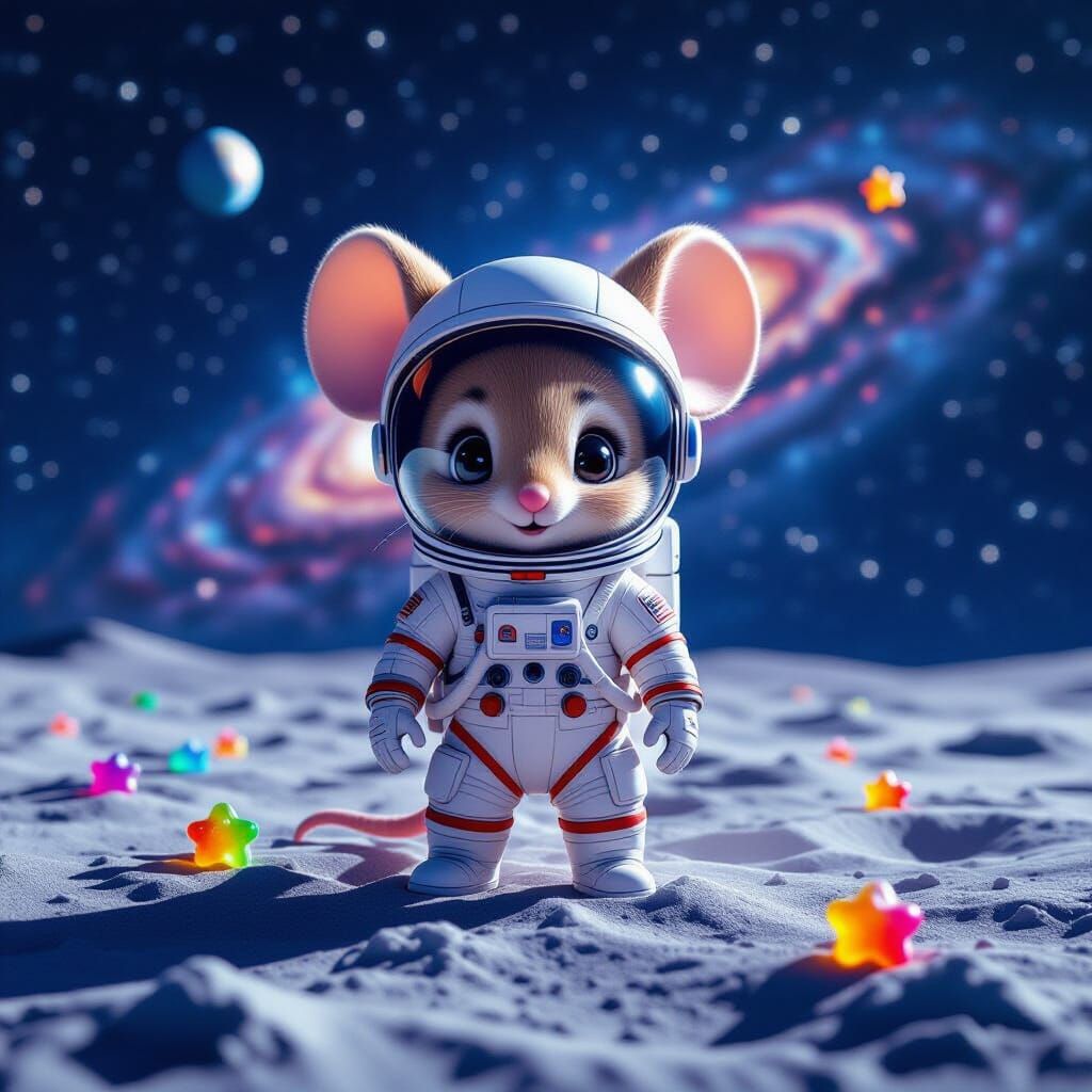 Chibi Mouse in Spacesuit on Moon with Nebula Background