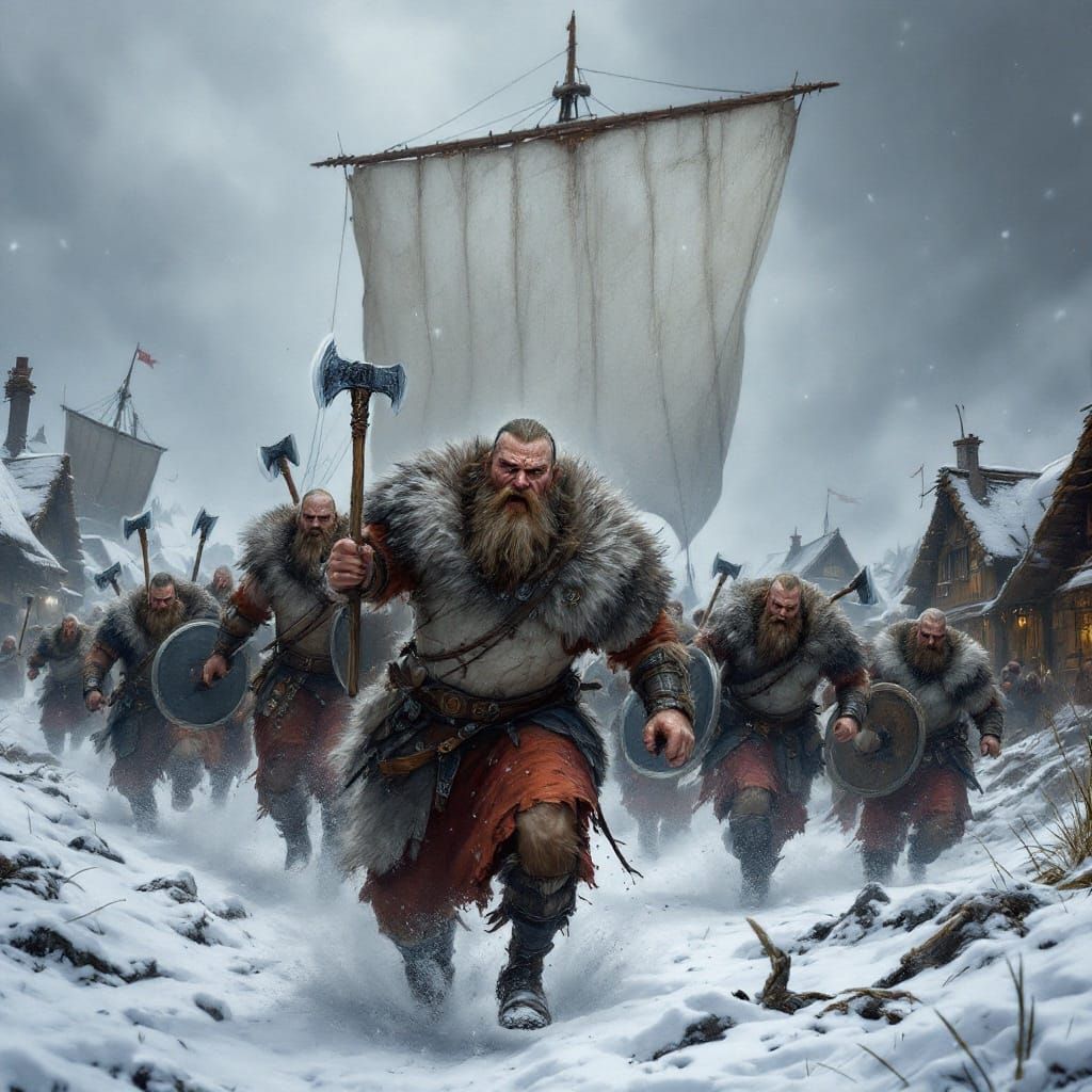 Viking Warriors in a Snowy Village Raid