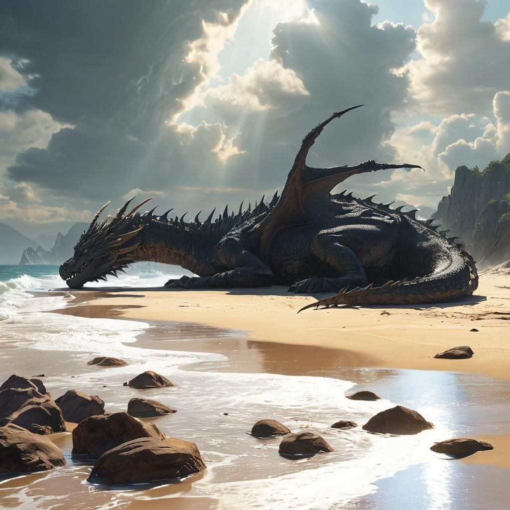 Ancient Dragon Soaks Up Sunbeams on a Tropical Beach