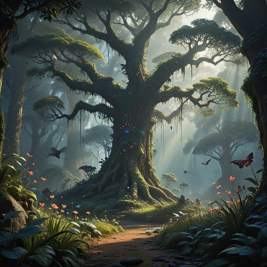 Mystical Jungle Realm in Pointillist Style