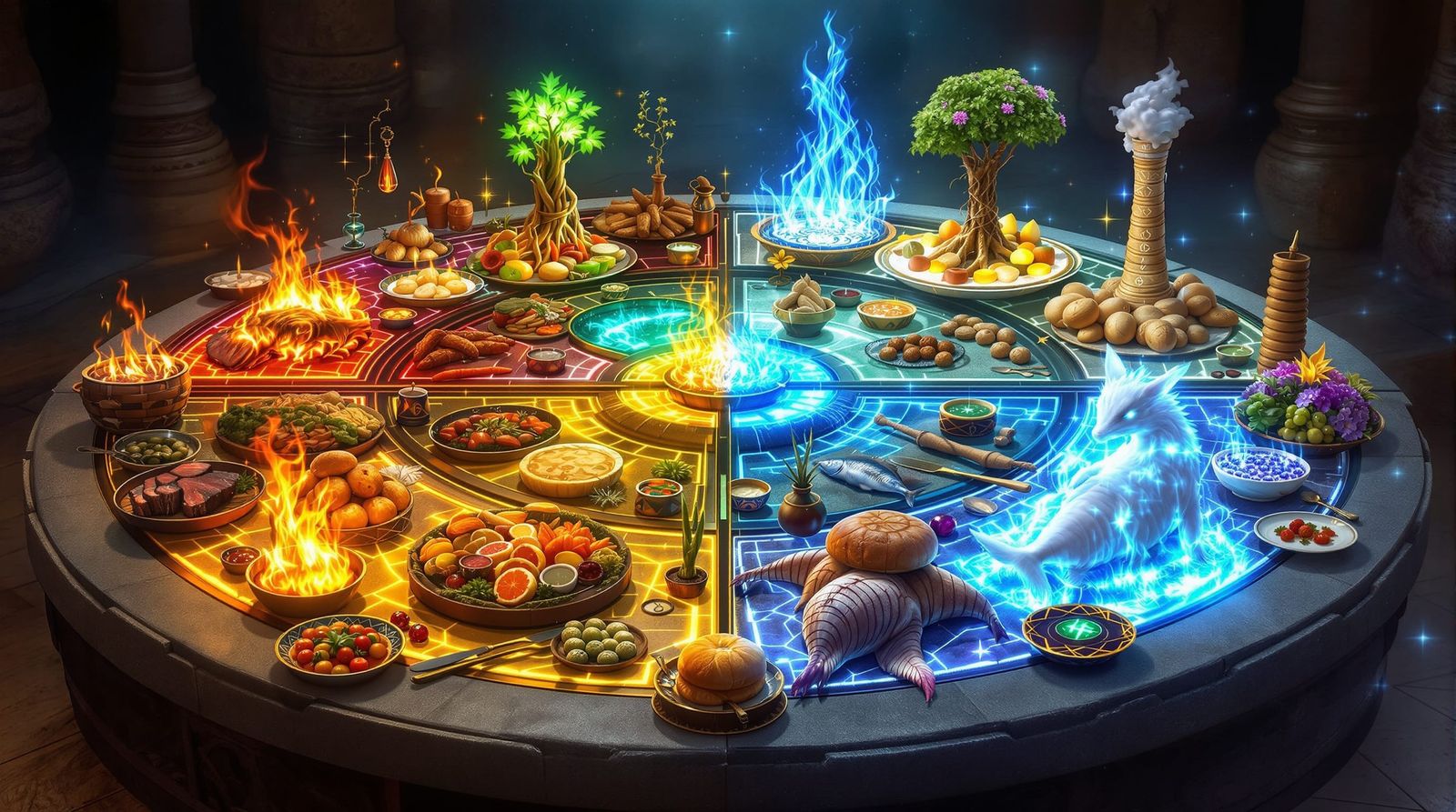 Mythical Elemental Feast on Circular Stone Table