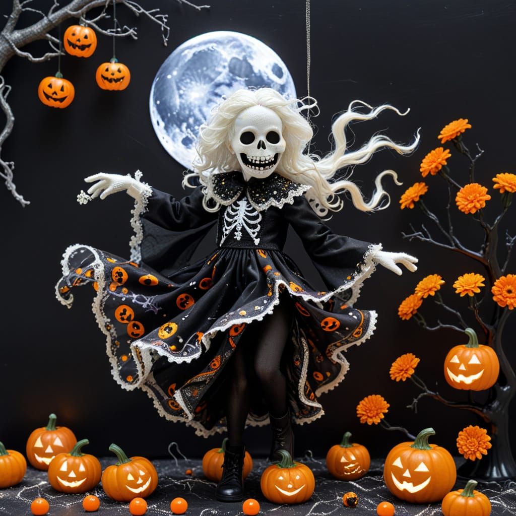 Adorable Halloween Ghost Rider with Children in Cosmic Fores...