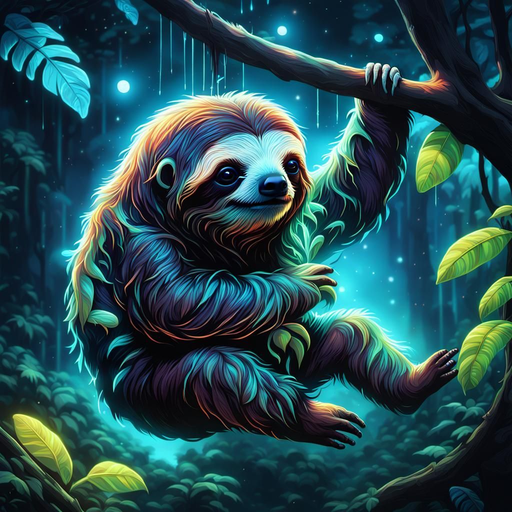 Bioluminescent Sloth in Neon Rainforest