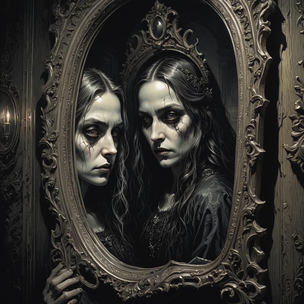 Haunted Mirror Reflection in Gothic Horror Style