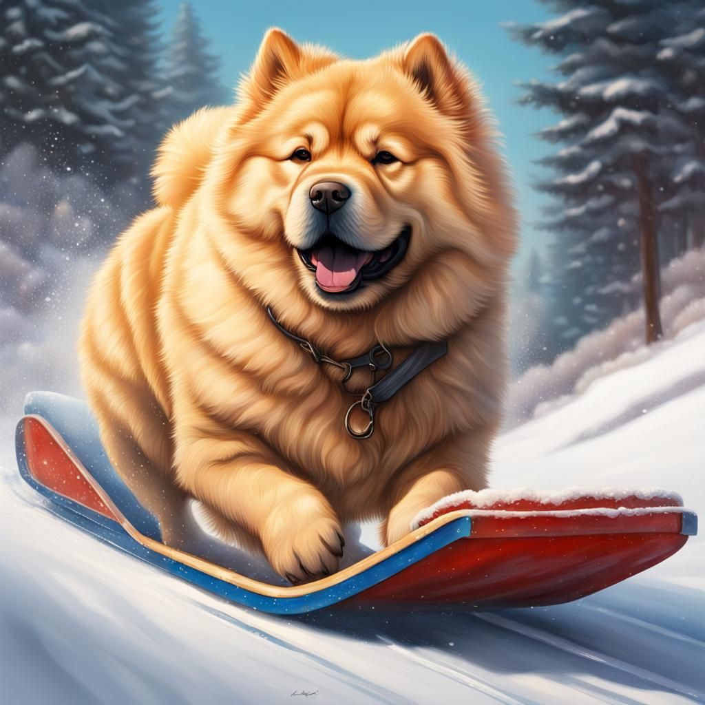 Hyperrealistic Blonde Chow Dog on a Sled