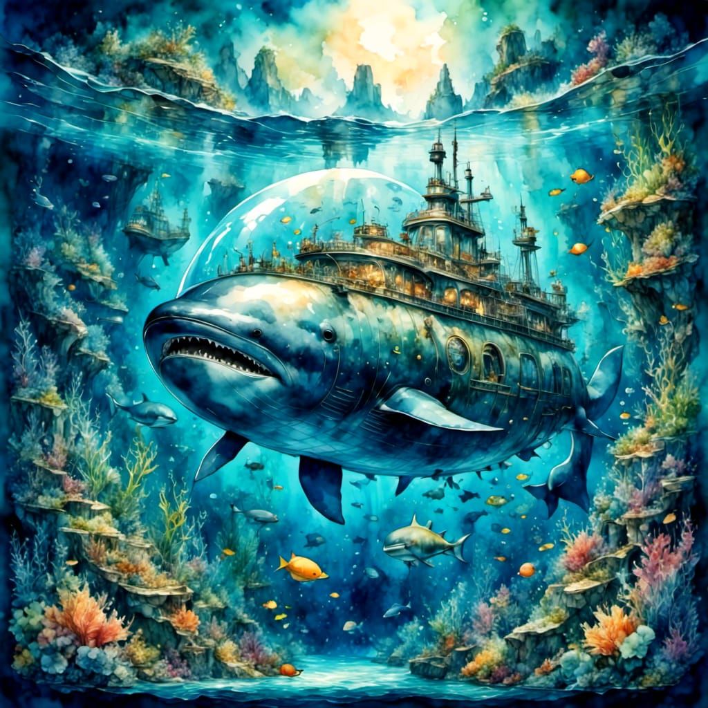 Animated Underwater Scene with Whale Submarine in Watercolor