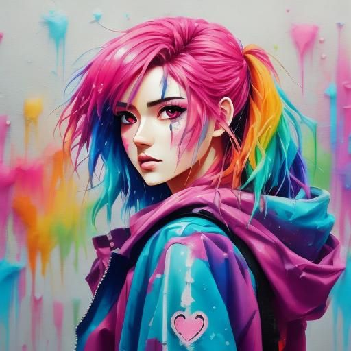 K-Pop Anime Girl with Pink Heart Graffiti Art
