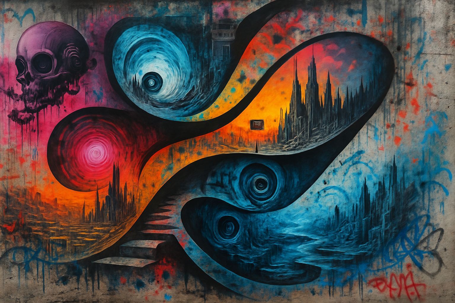 Surreal Collage of Ideas on Graffiti Walls in Vibrant Colors