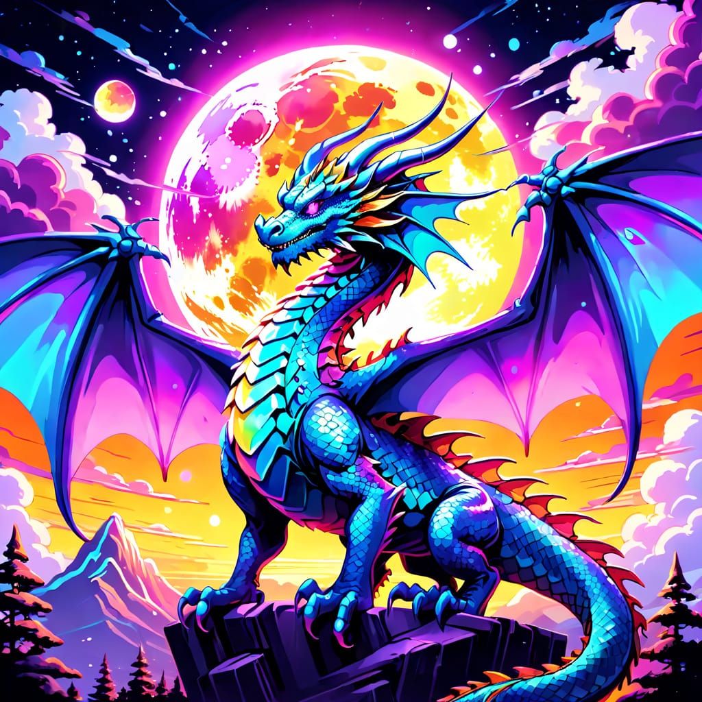Fantasy Dragon Graffiti in Vibrant Synthwave Style