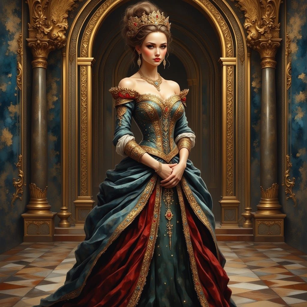 Portrait of Regal Queen in Opulent Grand Hall