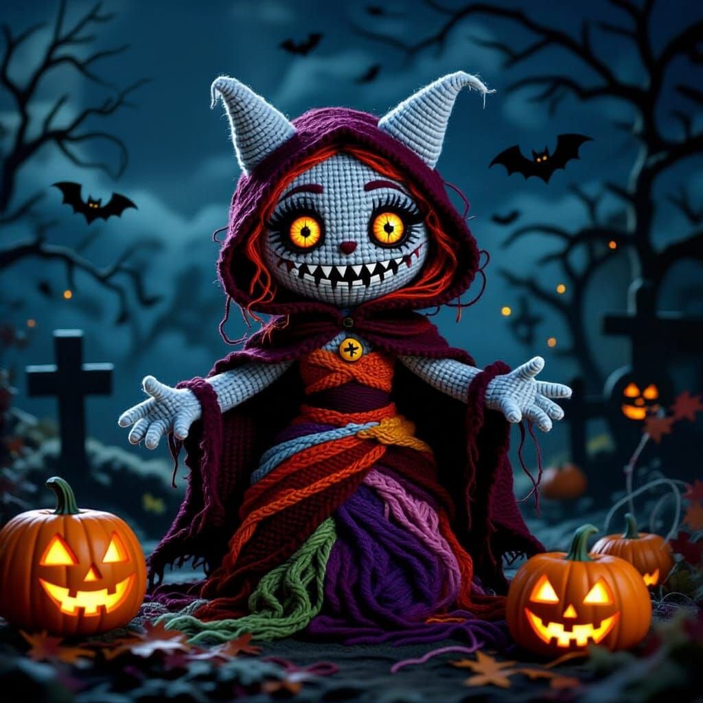 Yarn Vampire Monster in Spooky Graveyard Night