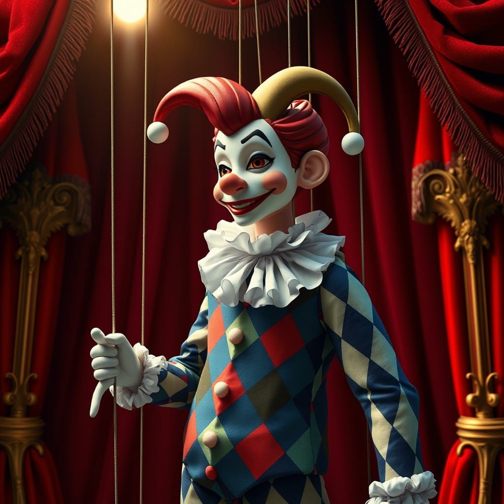 Whimsical Marionette on Luxurious Velvet Stage