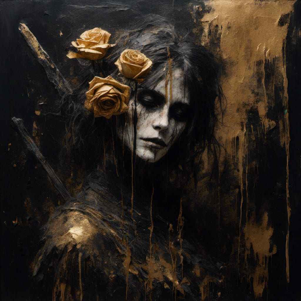 Macabre Queen of Swords Painting with Rose-Sword