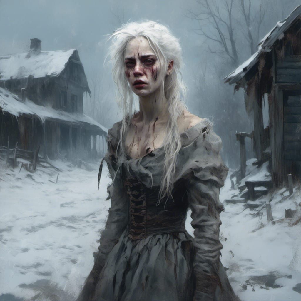 Distressed Slavic Woman in Blizzard, Macabre Portrait