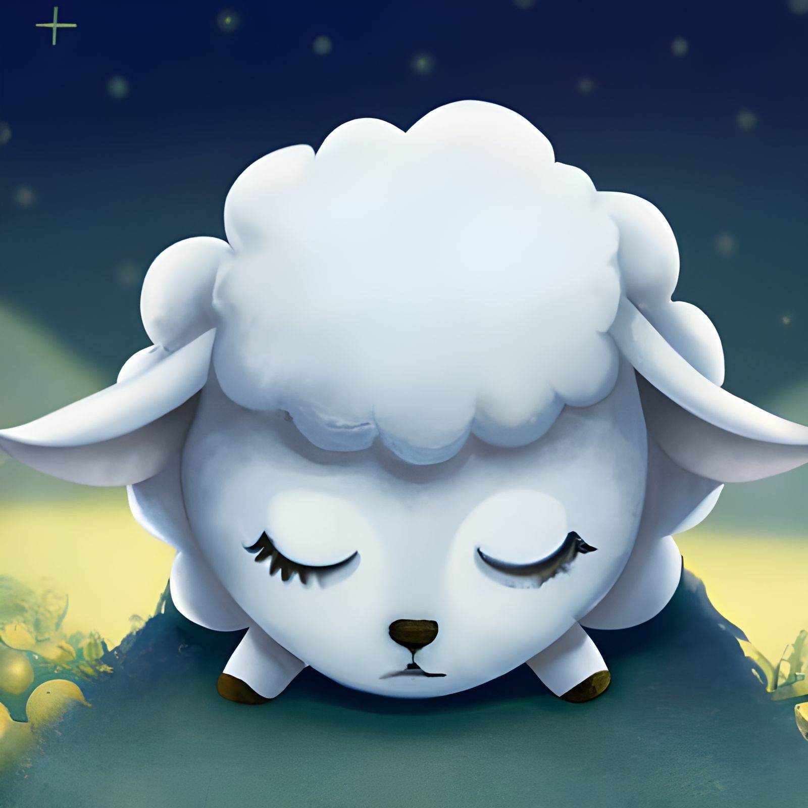 Cute Sleeping Lamb in Moonlit Field
