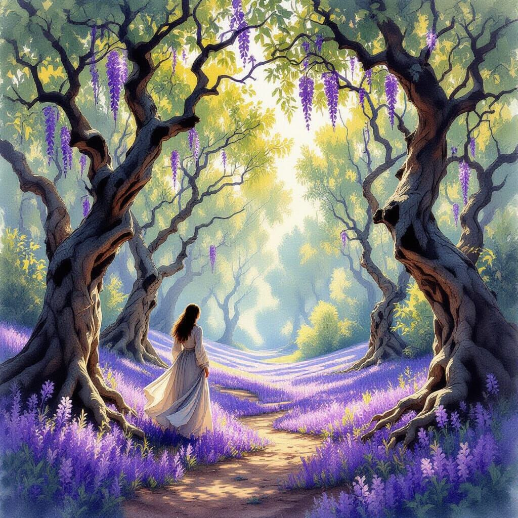 Figure Among Gnarled Trees in Purple Wisteria Forest