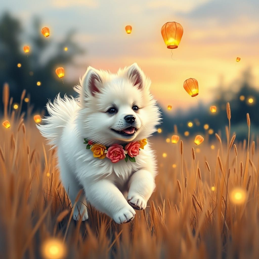 Samoyed Puppy Chasing Fireflies: Impressionistic Watercolor