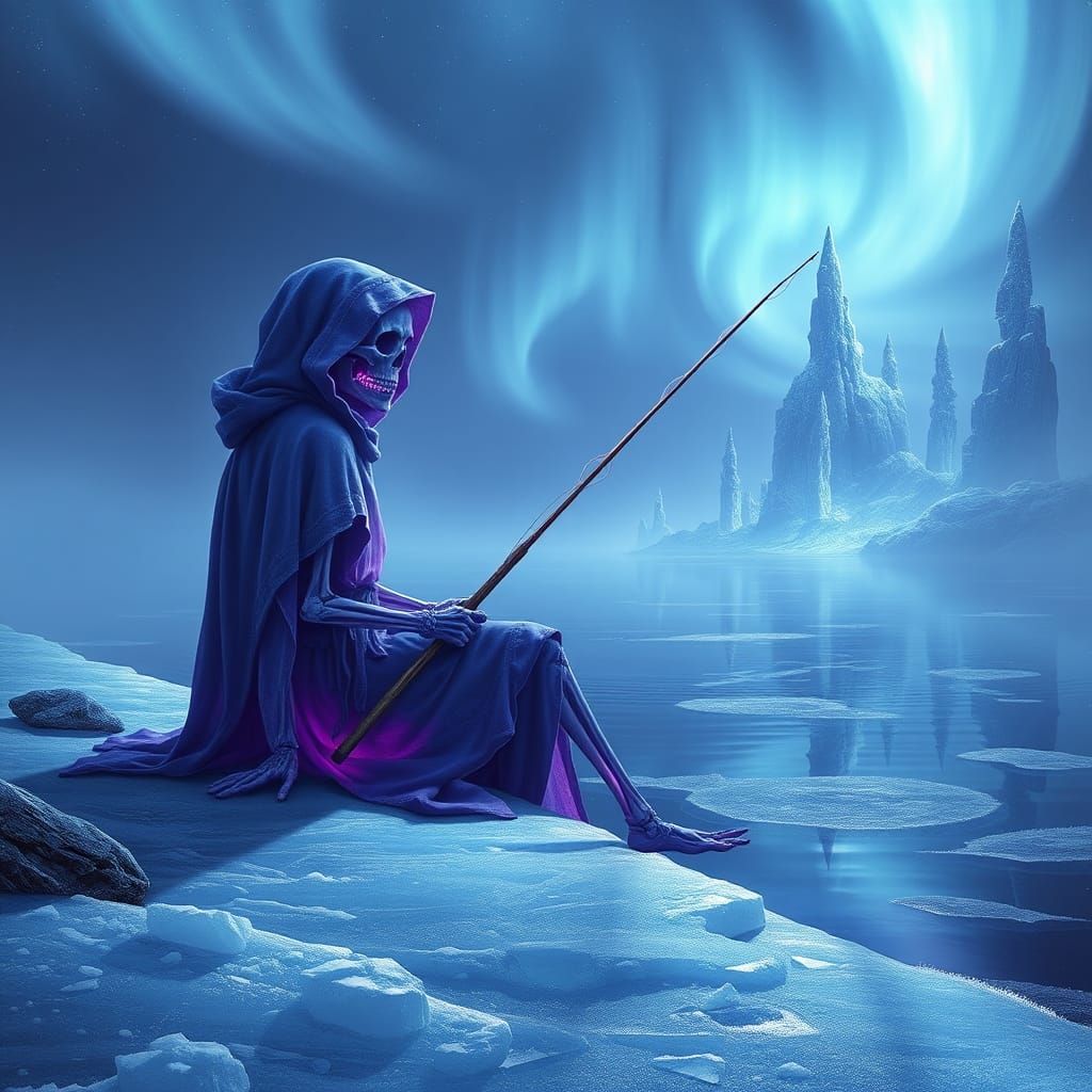 Ethereal Purple Skeleton Ice Fishing on Frozen Lake