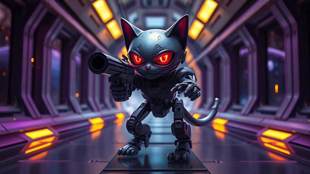 Menacing Robot Kitten in Spaceship Hallway