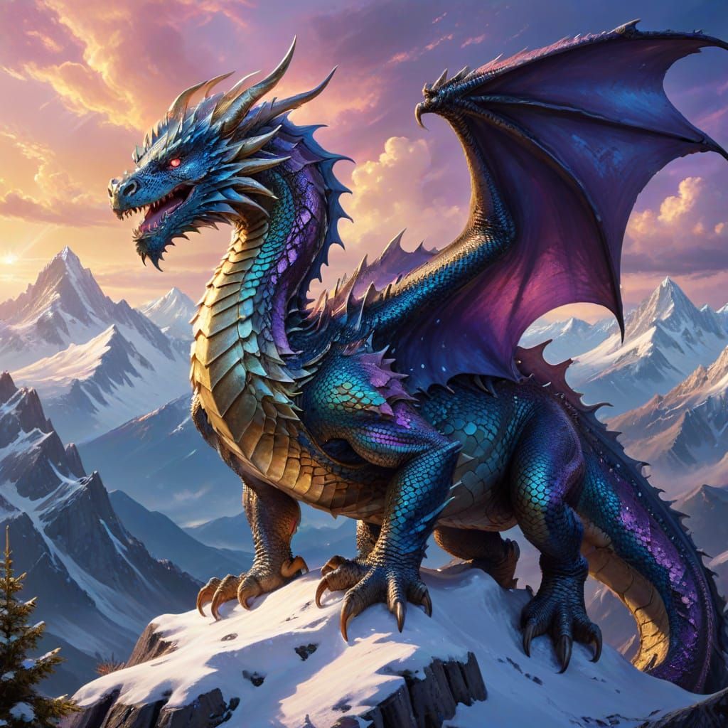 Majestic Dragon on Snow-Capped Mountain in Digital Painting