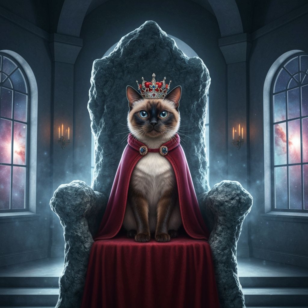 Regal Siamese Cat on Moon Rock Throne in Nebula Room
