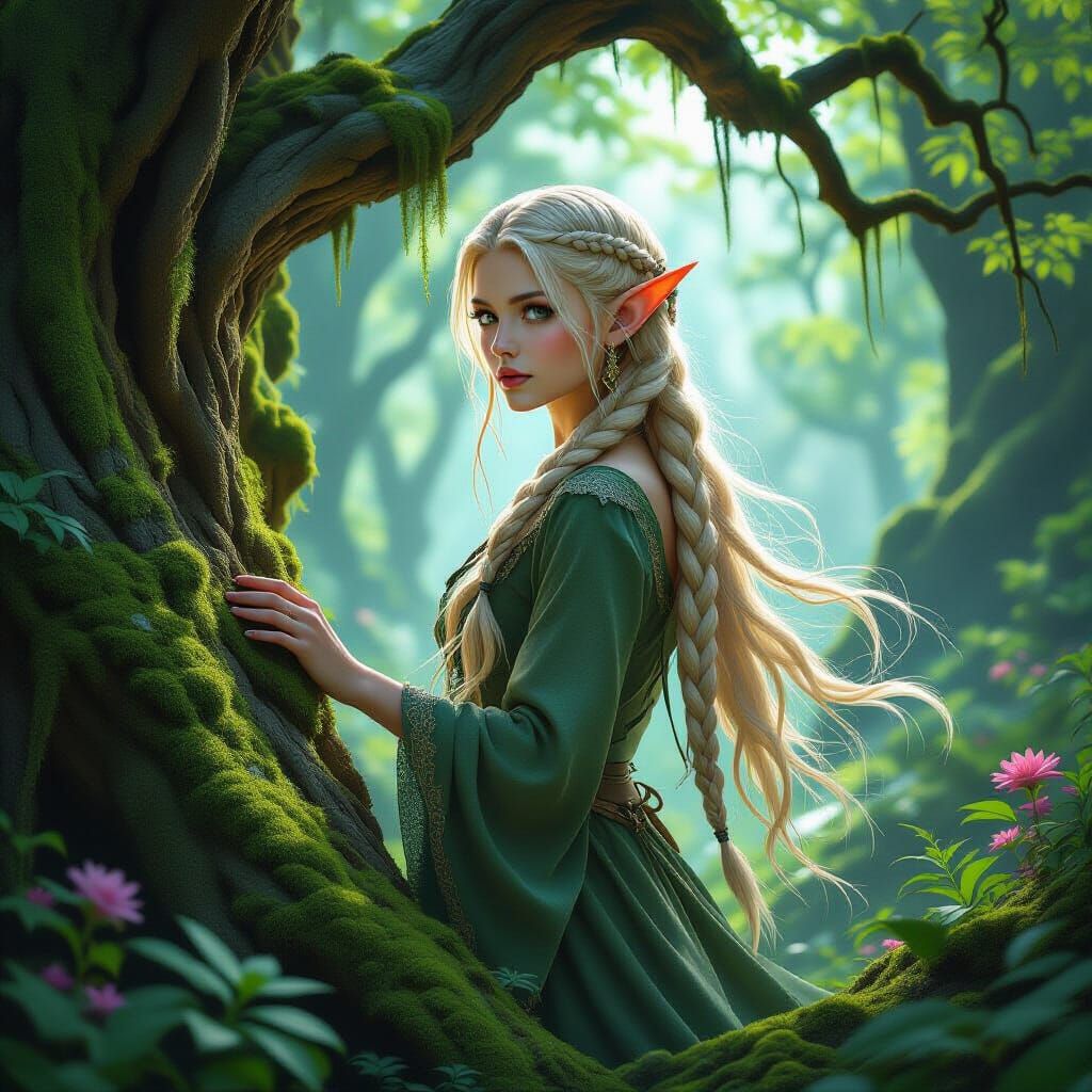 Ethereal Forest Elf Emerges from Ancient Tree