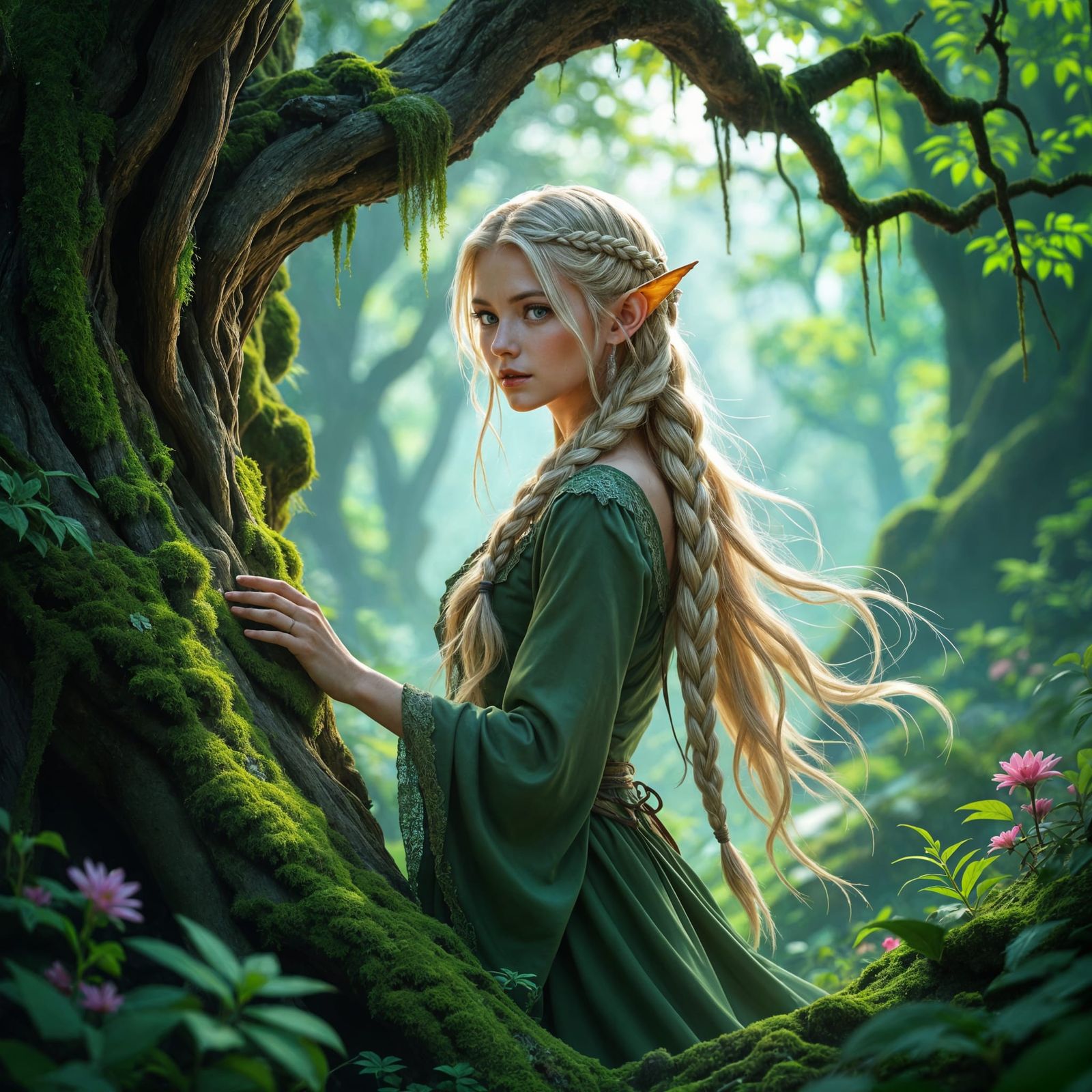 Ethereal Forest Elf Emerges from Ancient Tree