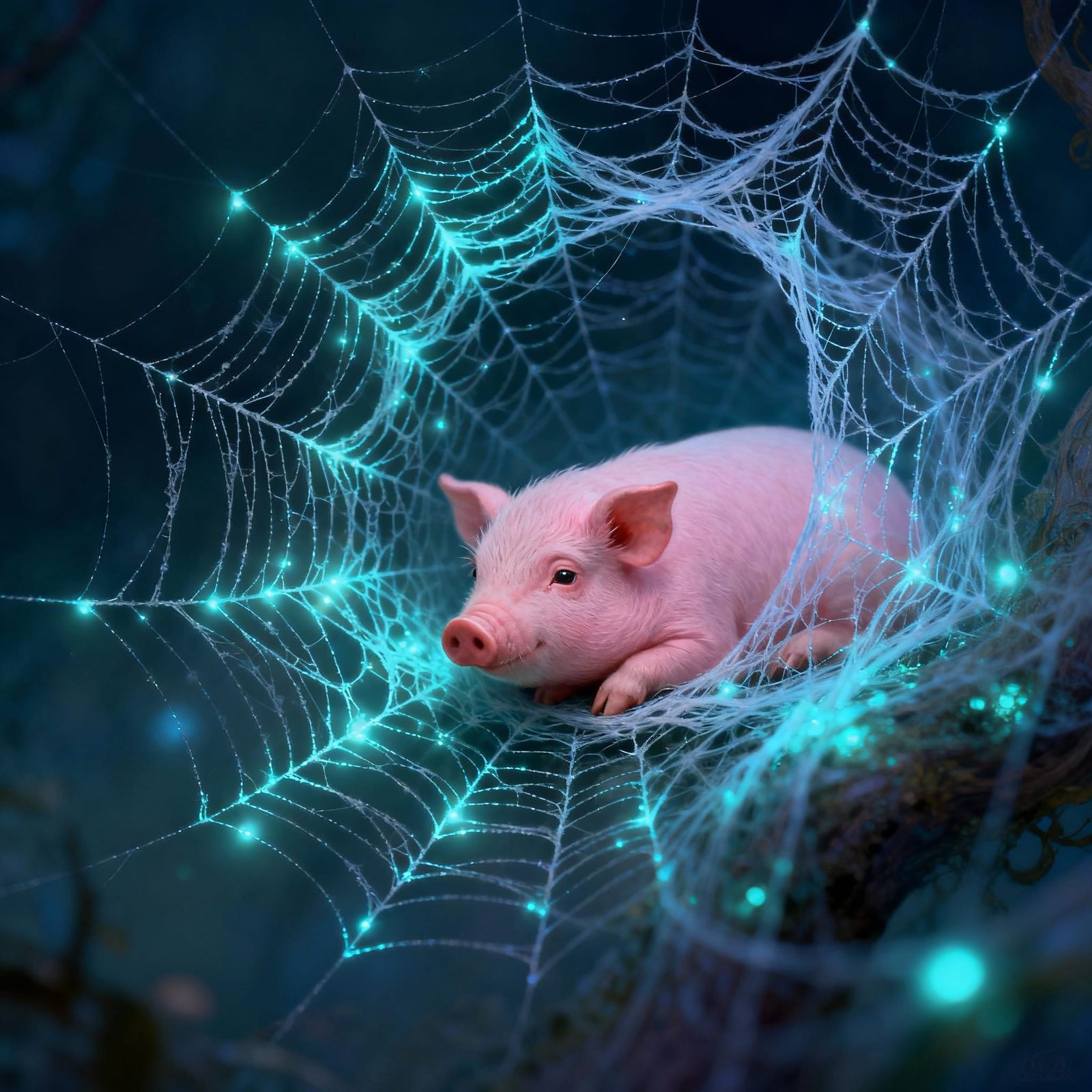 Dreamlike Piglet in Intricate Spiderweb Art