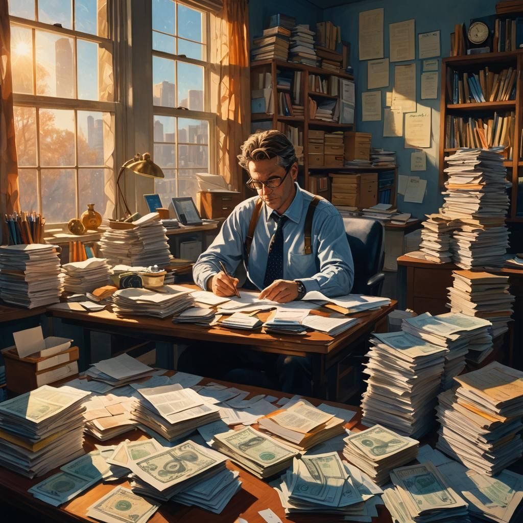 Man Finds Money in Office, Fantasy Concept Art