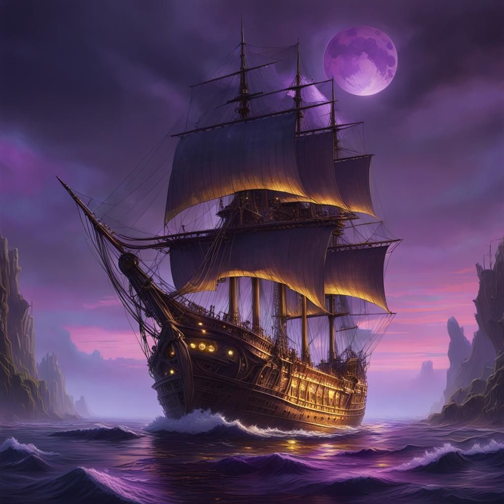Ghost Ship Sailing in Dark Fantasy Style