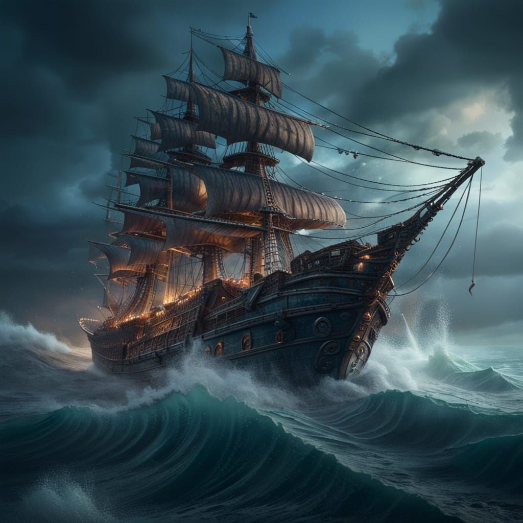 Spectral Voyage: A Haunting Encounter with a Ghost Ship on Turbulent Seas