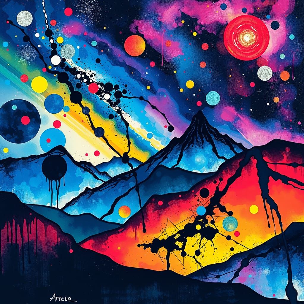 Rainbow Ink Splatter Multiverse Landscape in Mixed Media Sty...