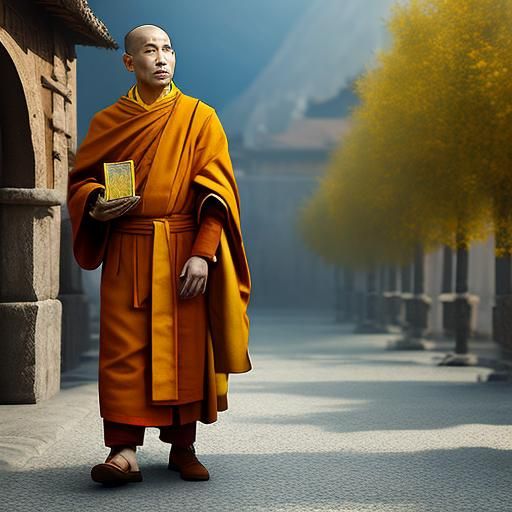 A humble monk in saffron yellow robes, very Tibetan-inspired...