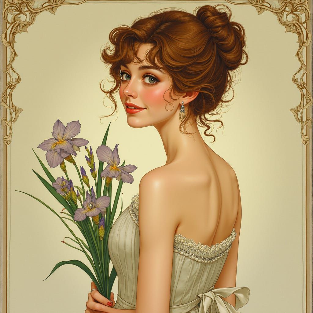 Elegant Woman with Iris Bouquet in Art Nouveau Style