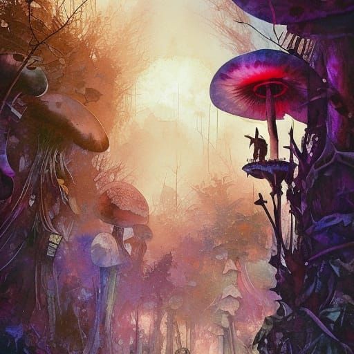 Giant Mushroom Jungle in Watercolor Art Style