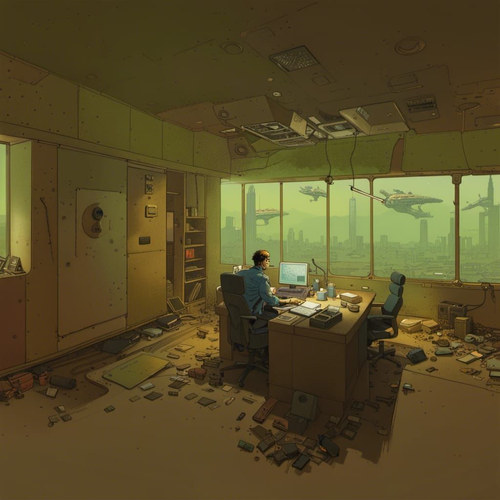Abandoned Sci-Fi Bunker Office in Moebius Style