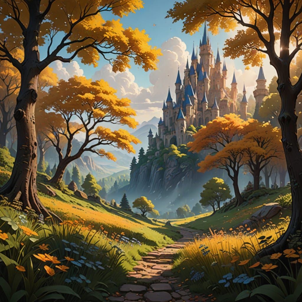 Dreamlike Landscape in Gouache Style with Cinematic Lighting