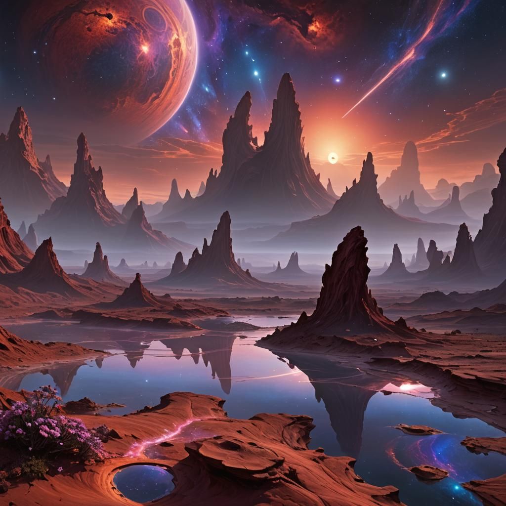 Alien Landscape with Ringed Gas Giant, Dreamy Surrealism