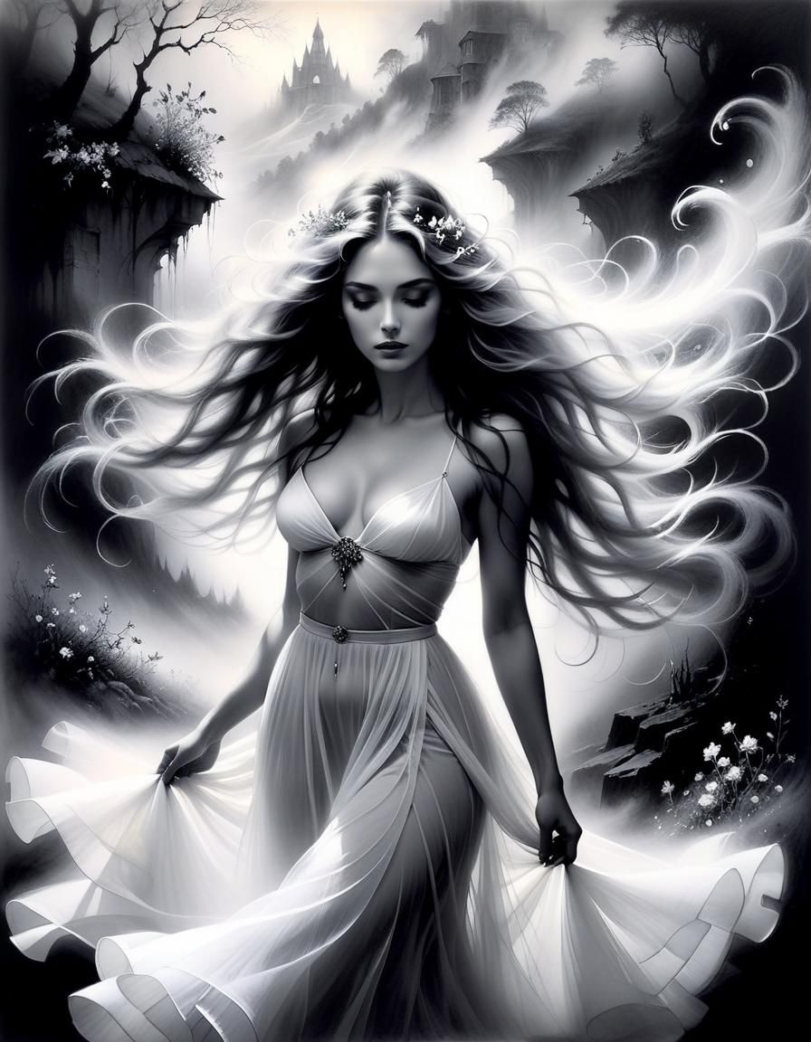 Charcoal Drawing of a Beautiful Woman in Ethereal Landscape