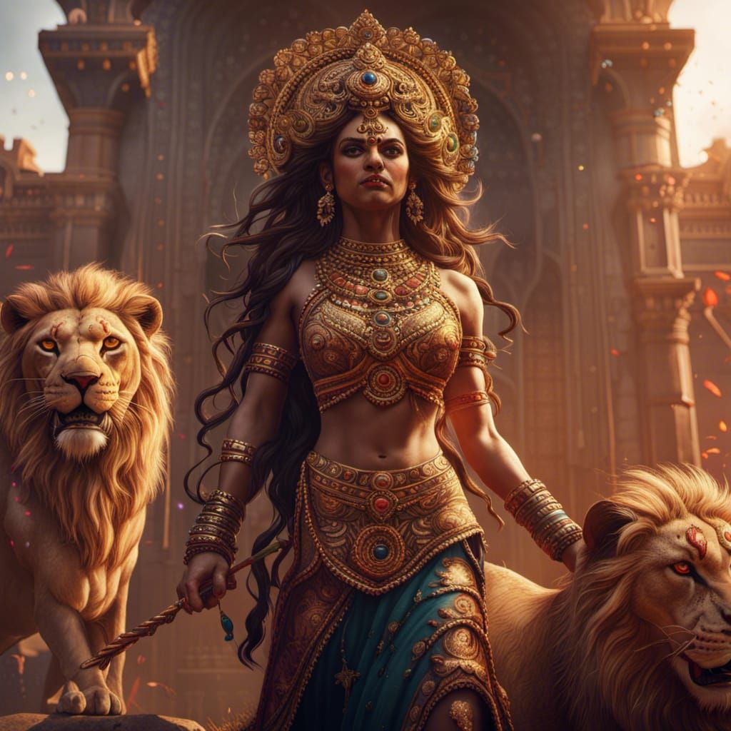 Goddess Durga Riding a Lion: Fantasy Concept Art