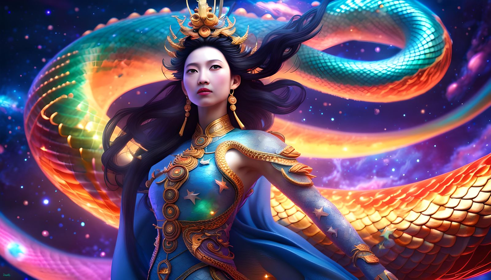 Celestial Naga Princess Soaring Through Galaxy