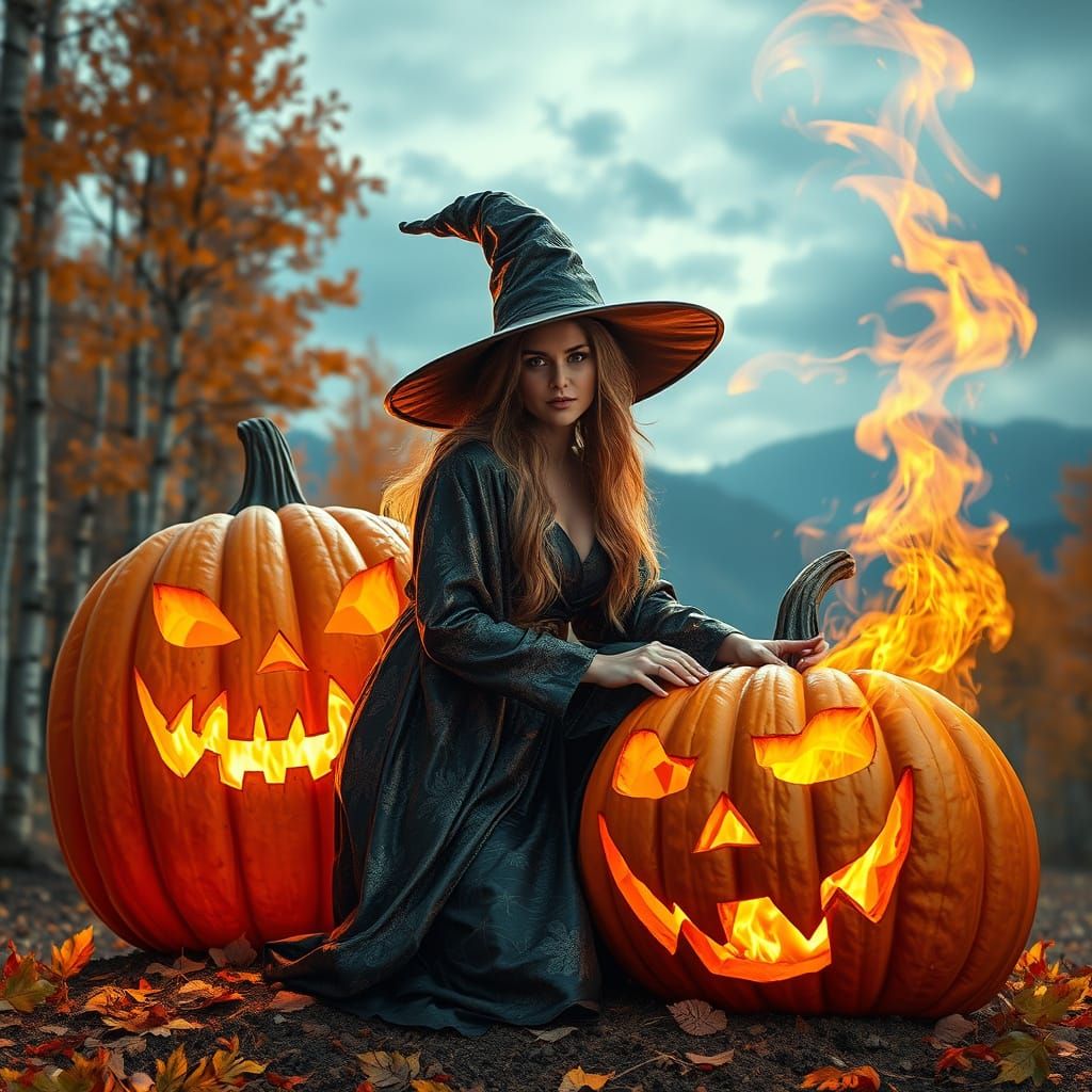 Gorgeous Witch and Jack o Lantern in Psychedelic Autumn Sky