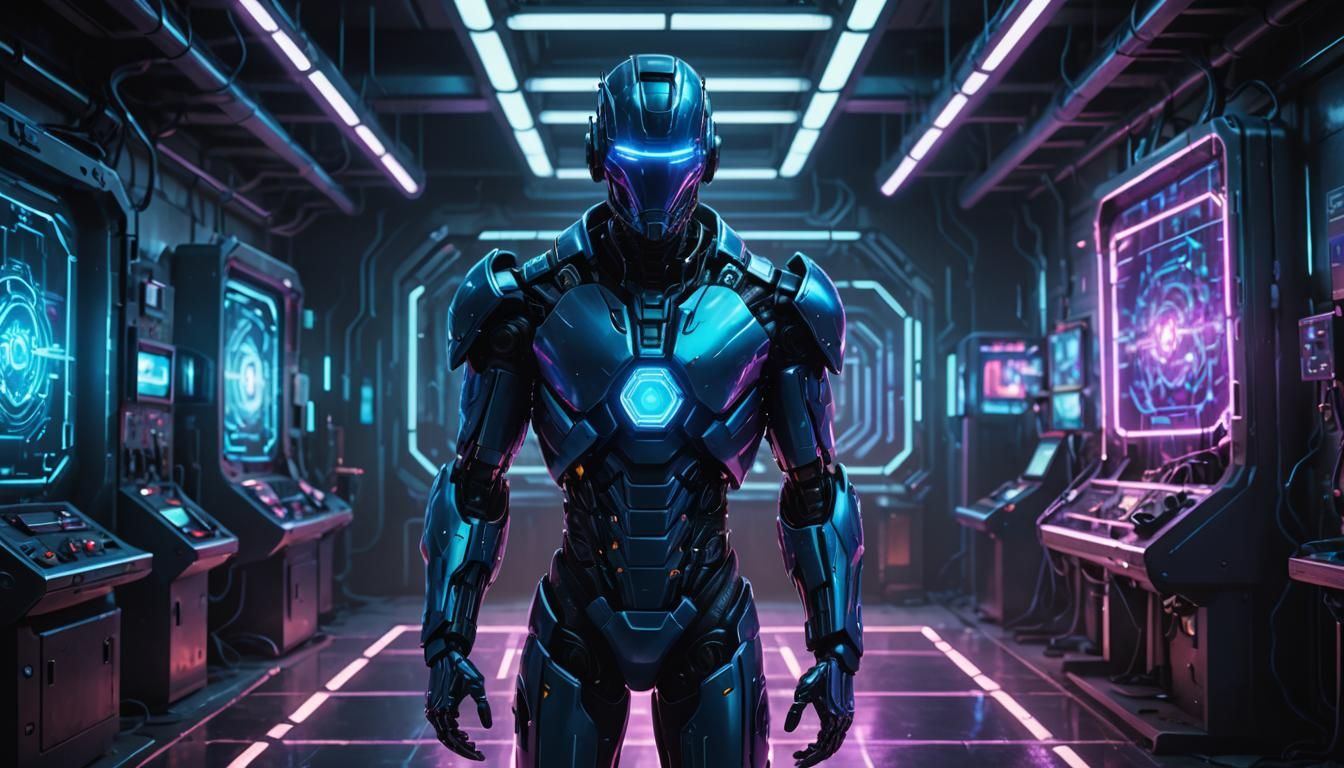 Futuristic Android in Dimly Lit Sci-Fi Laboratory