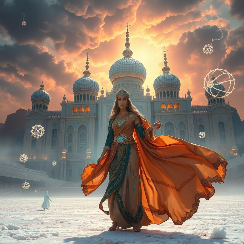 Arabian Princess Warrior Stands Before Grand Palace in Spect...