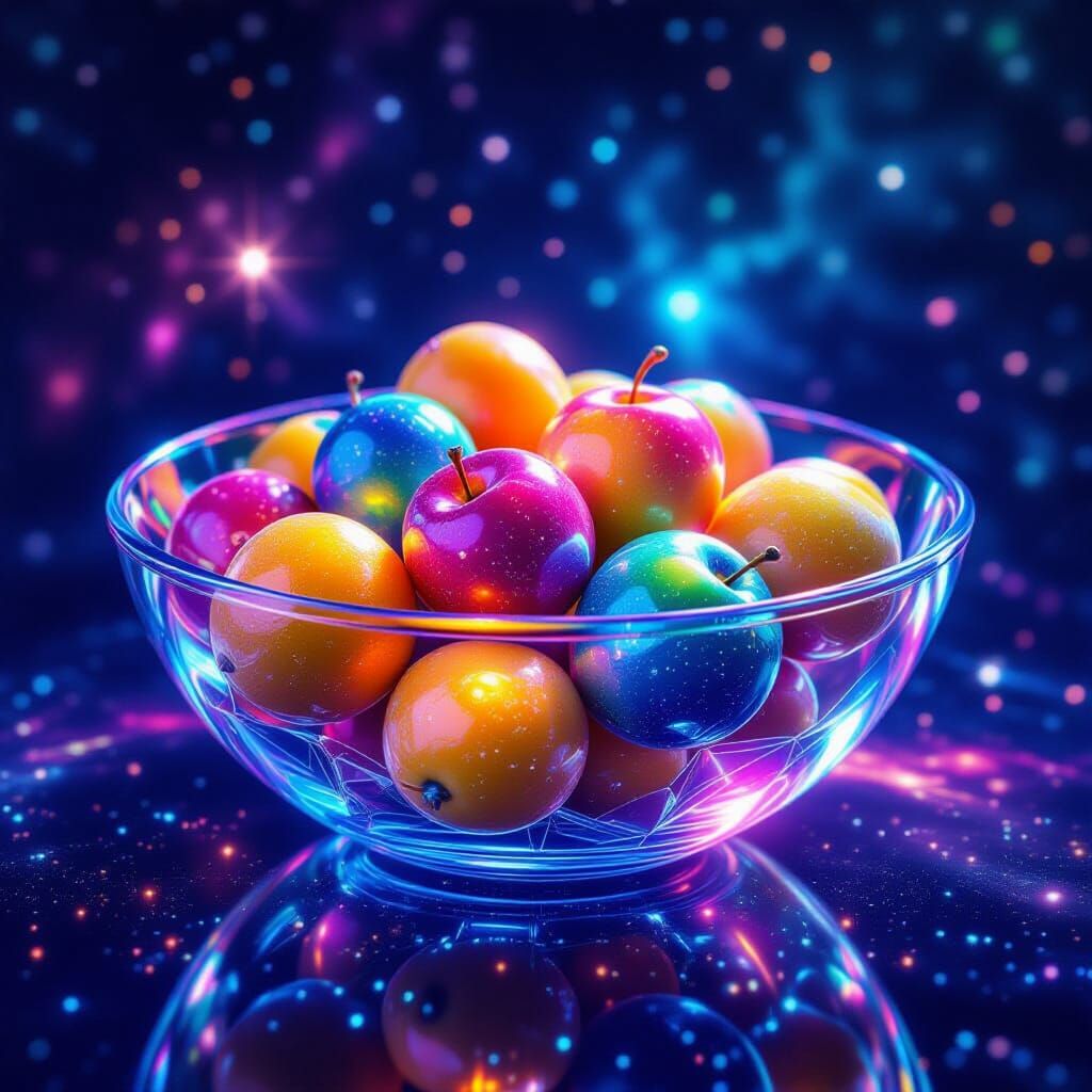 Iridescent Fruits Floating in Nebula as Digital Art