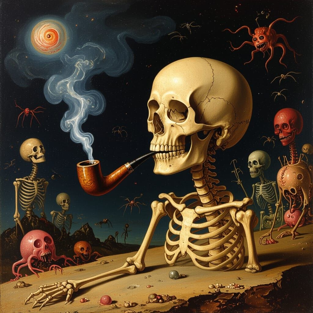 Smoking Pipe Creature on Skeleton Legs in Cosmic Void